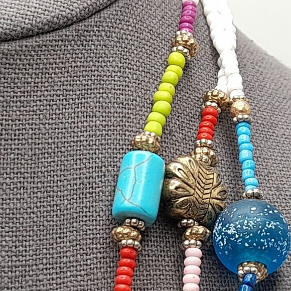 Chico's Lampwork Art Bead Necklace, Three Strands, 20" - Picture 9 of 13